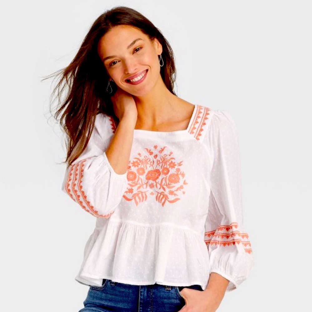 Universal Thread Balloon 3/4 sleeve embroidered peplum blouse